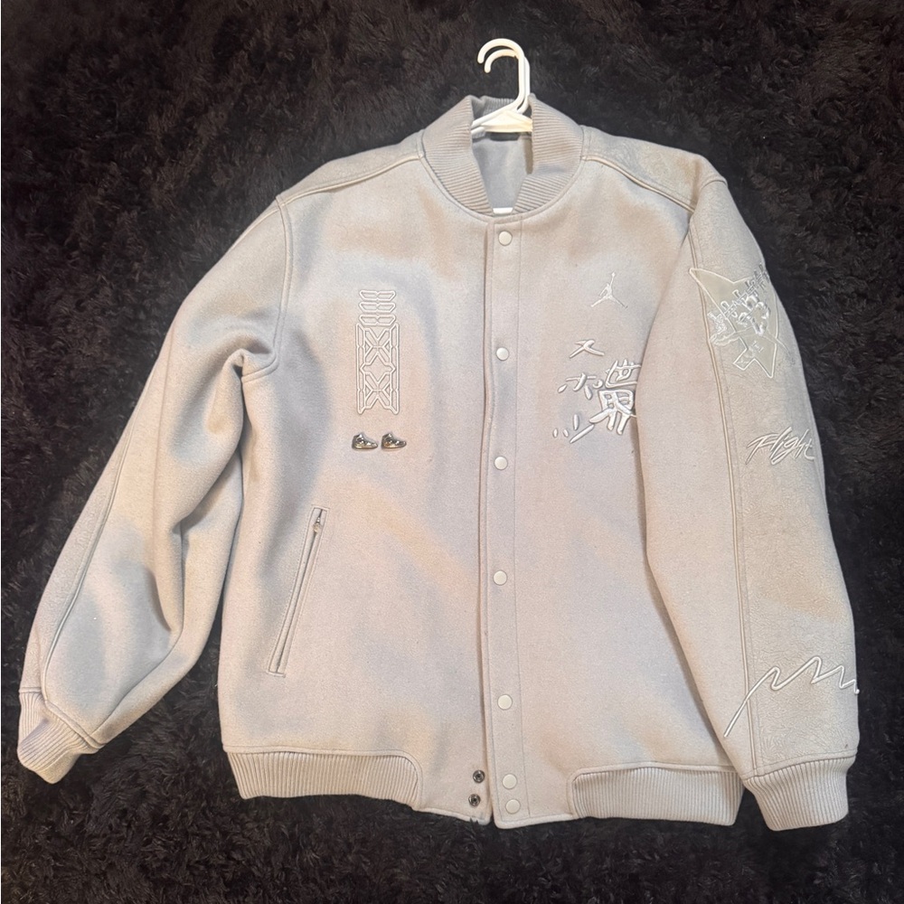 Jordan Light Gray Embroidered Varsity Jacket